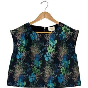 Louche Luxe Women’s 14 Black Green Gold Blue Floral Brocade Sleeveless Top NEW